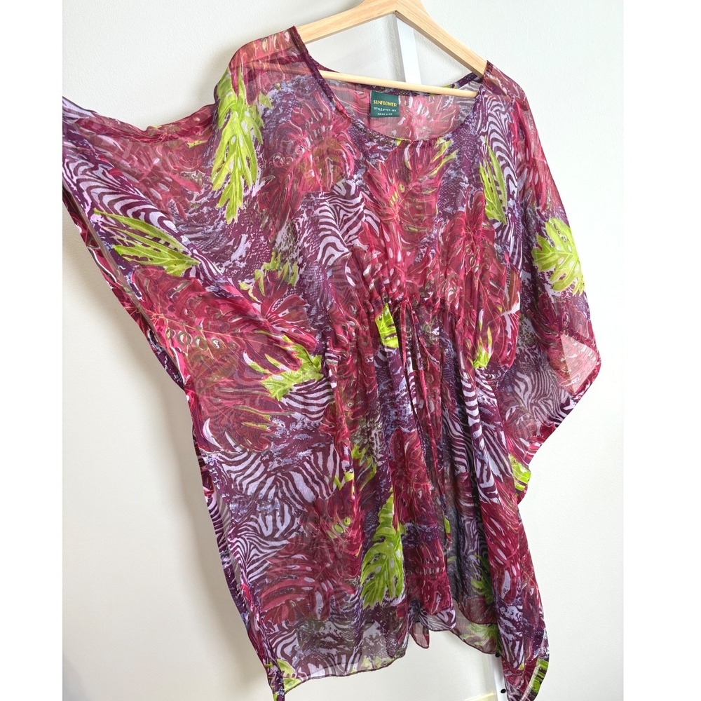 Sunflower Kaftan Sheer Dress Floral Print Swim Beach Cover Up One Free Size OSFA
